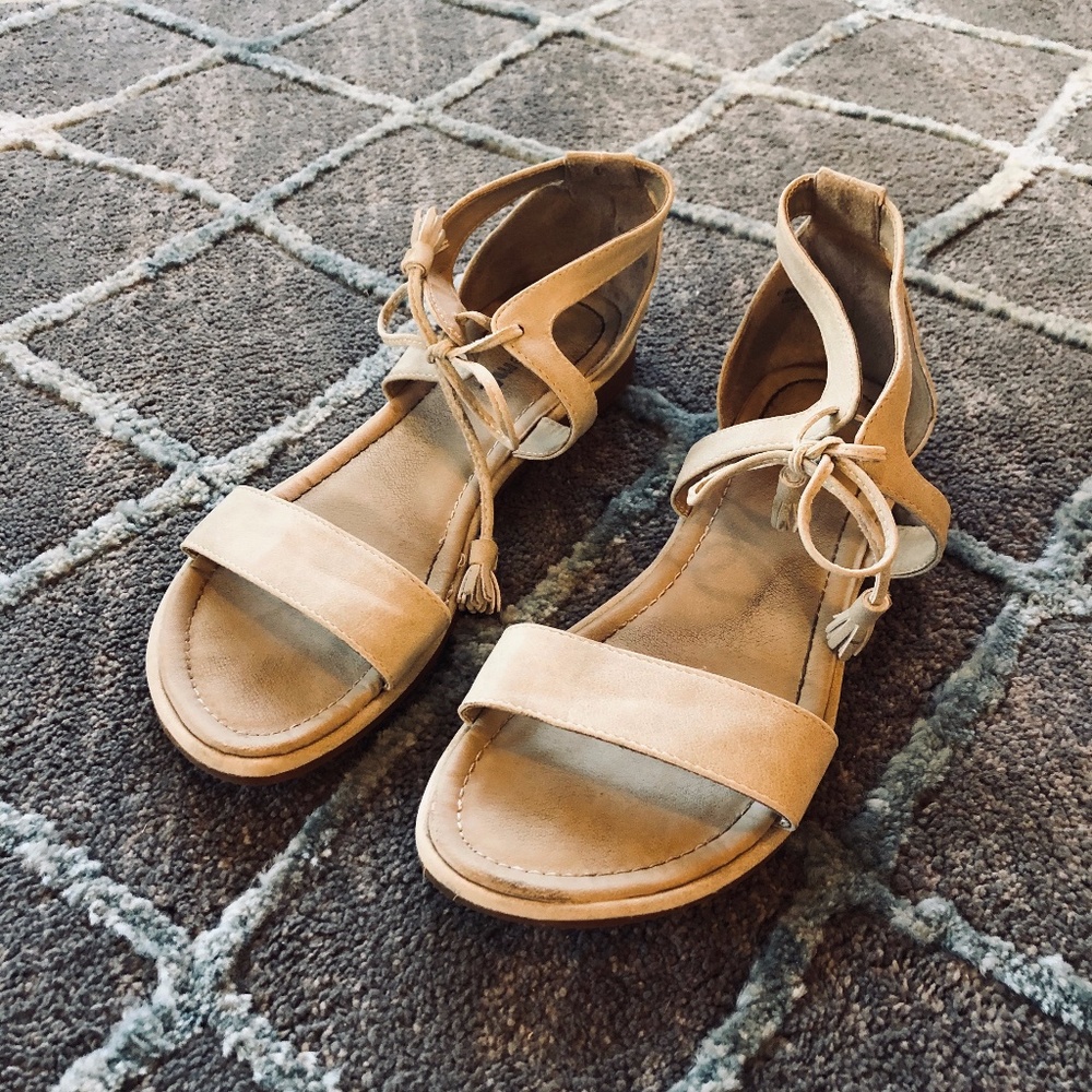 Beige Faux Leather Tie Sandals